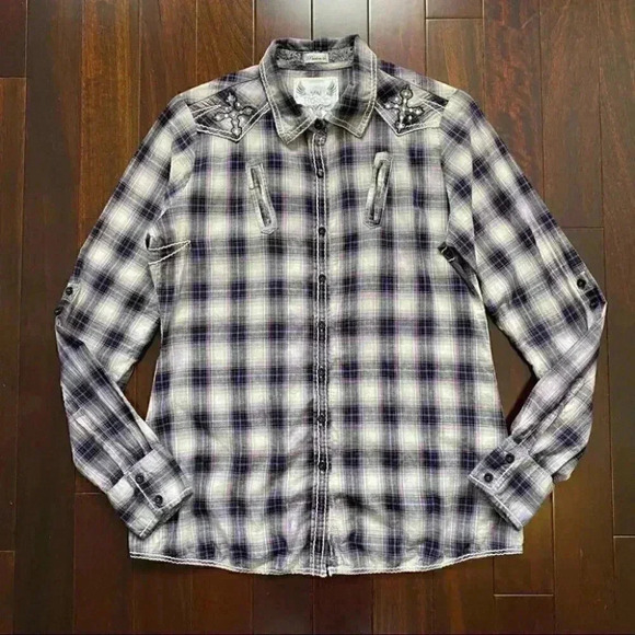 ROAR Western Button Front Shirt Joeley Purple Plaid Rhinestone Size XL - Picture 16 of 16